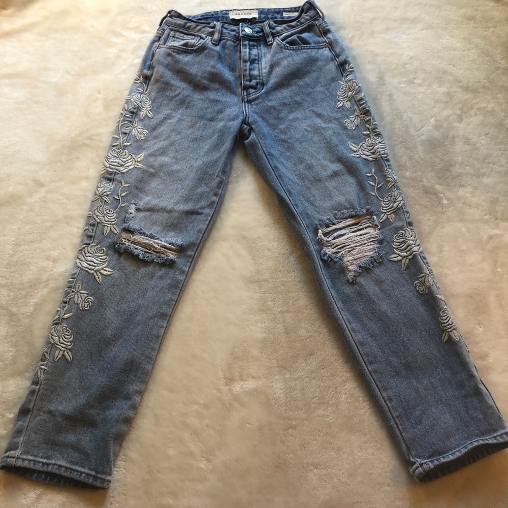 PacSun Embroidered Floral & Distressed Mom Jean